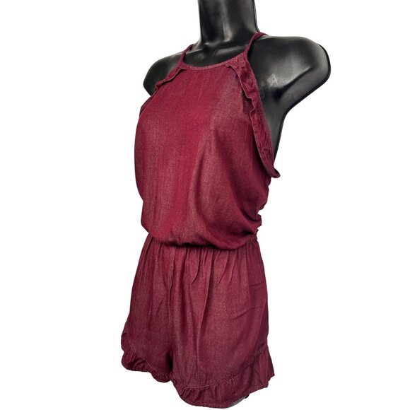 Women's Burgundy Halter Neck Shorts Romper, Elastic Waist, Size M - Picture 3 of 15